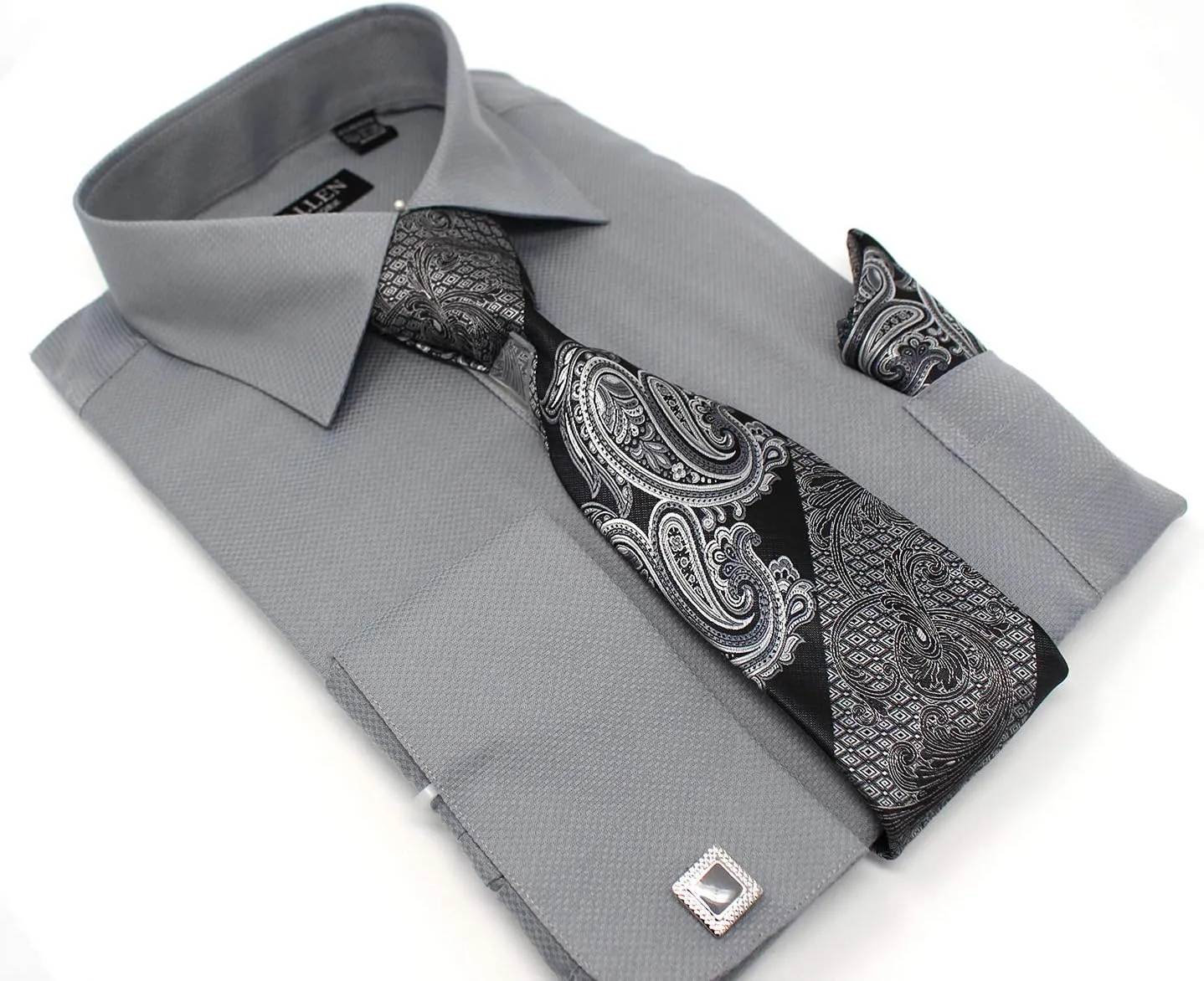 Men's Solid Square Pattern Regular Fit French Cuffs Dress Shirts with Tie Hanky Cufflinks Combo