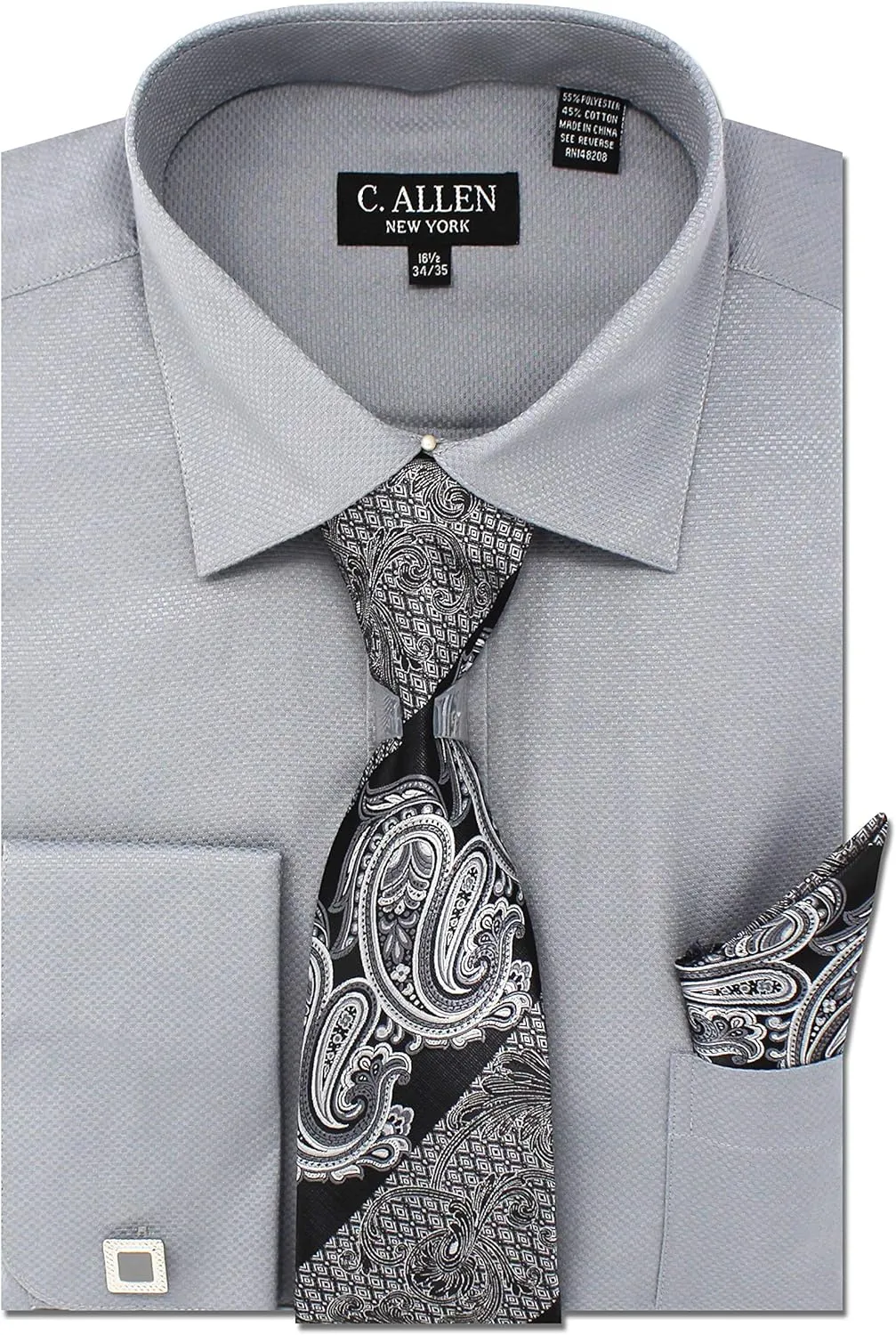 Men's Solid Square Pattern Regular Fit French Cuffs Dress Shirts with Tie Hanky Cufflinks Combo