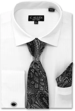 Men's Solid Striped Pattern Regular Fit French Cuffs Dress Shirts with Tie Hanky Cufflinks Combo