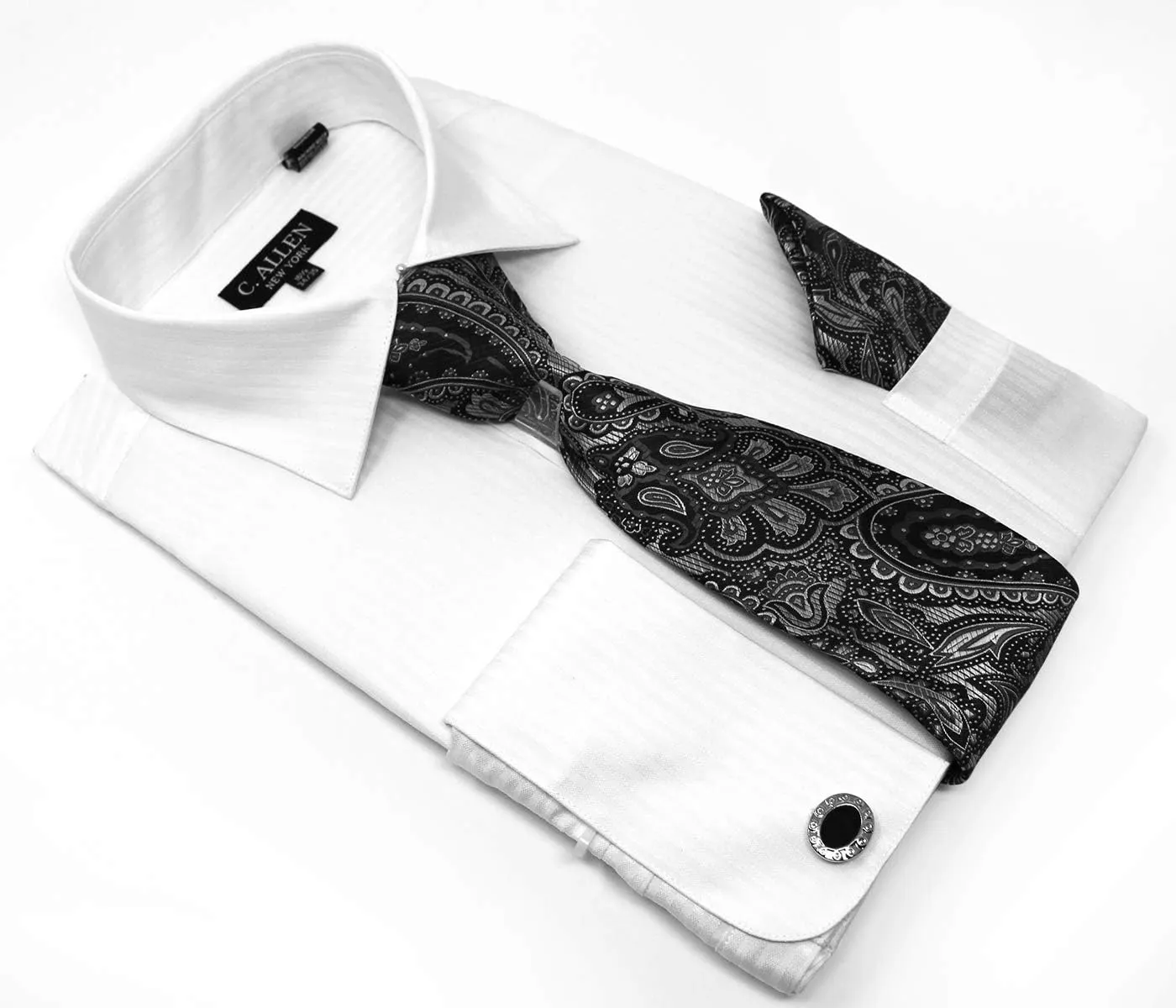 Men's Solid Striped Pattern Regular Fit French Cuffs Dress Shirts with Tie Hanky Cufflinks Combo