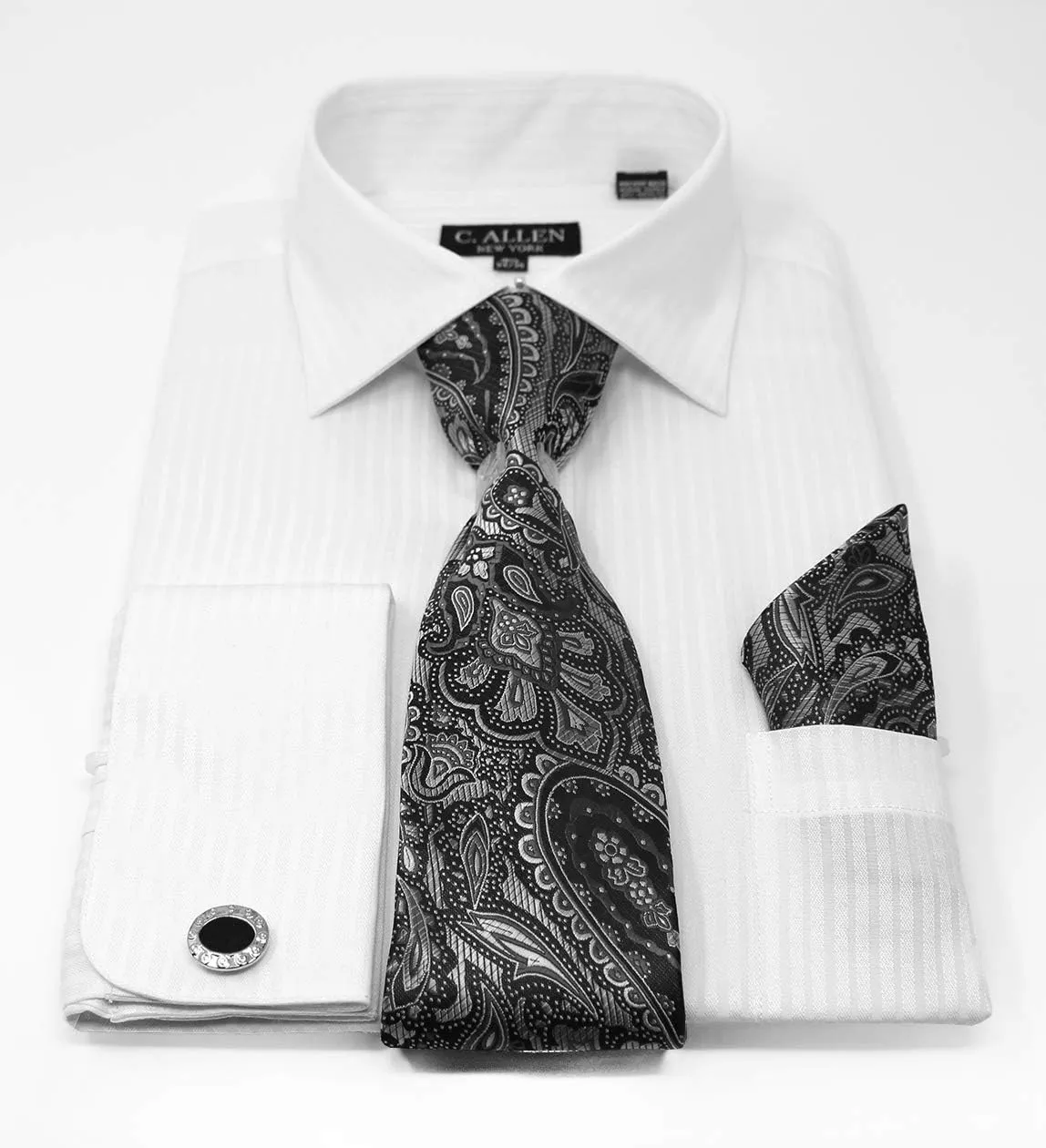 Men's Solid Striped Pattern Regular Fit French Cuffs Dress Shirts with Tie Hanky Cufflinks Combo
