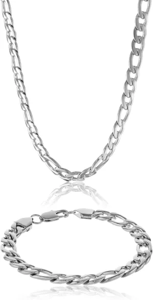 Metro Jewelry Stainless Steel Jewelry Set for Men Bracelet and Necklace 9 and 22 Inches Figaro Chain Lobster Claw 9mm Wide