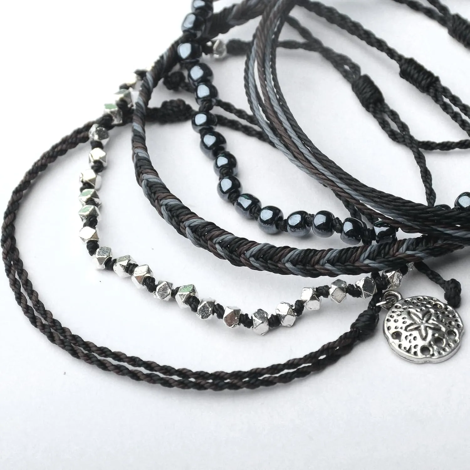 Mezcla Vida Bohemian Starfish Charm Silver Zinc Beaded Waterproof Rope Surfing Bracelets Sets For Women, Beach Handmade String Jewelry