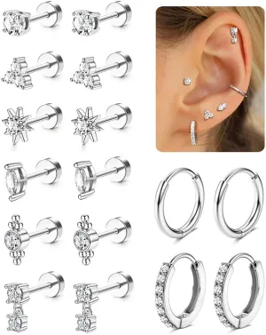 MILACOLATO 20G Hypoallergenic Flat Back Earrings Cartilage Earring Sets for Multiple Piercing Surgical Stainless Steel Earrings for Women Trendy Earring Stacks Small Huggie Hoops Flatback Stud Earrings Set