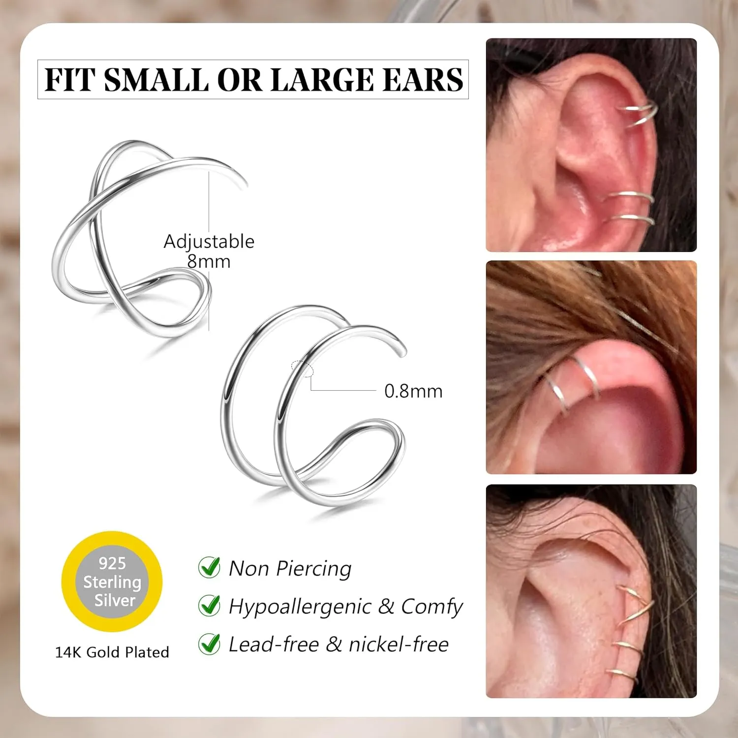 Milacolato 4Pcs 925 Sterling Silver Ear Cuffs: Adjustable Non Piercing Cuff Earrings Minimalist Fake Helix Cartilage Earcuff, Dainty Clip-on Earrings Hypoallergenic with 14K Gold Plating for Women Men