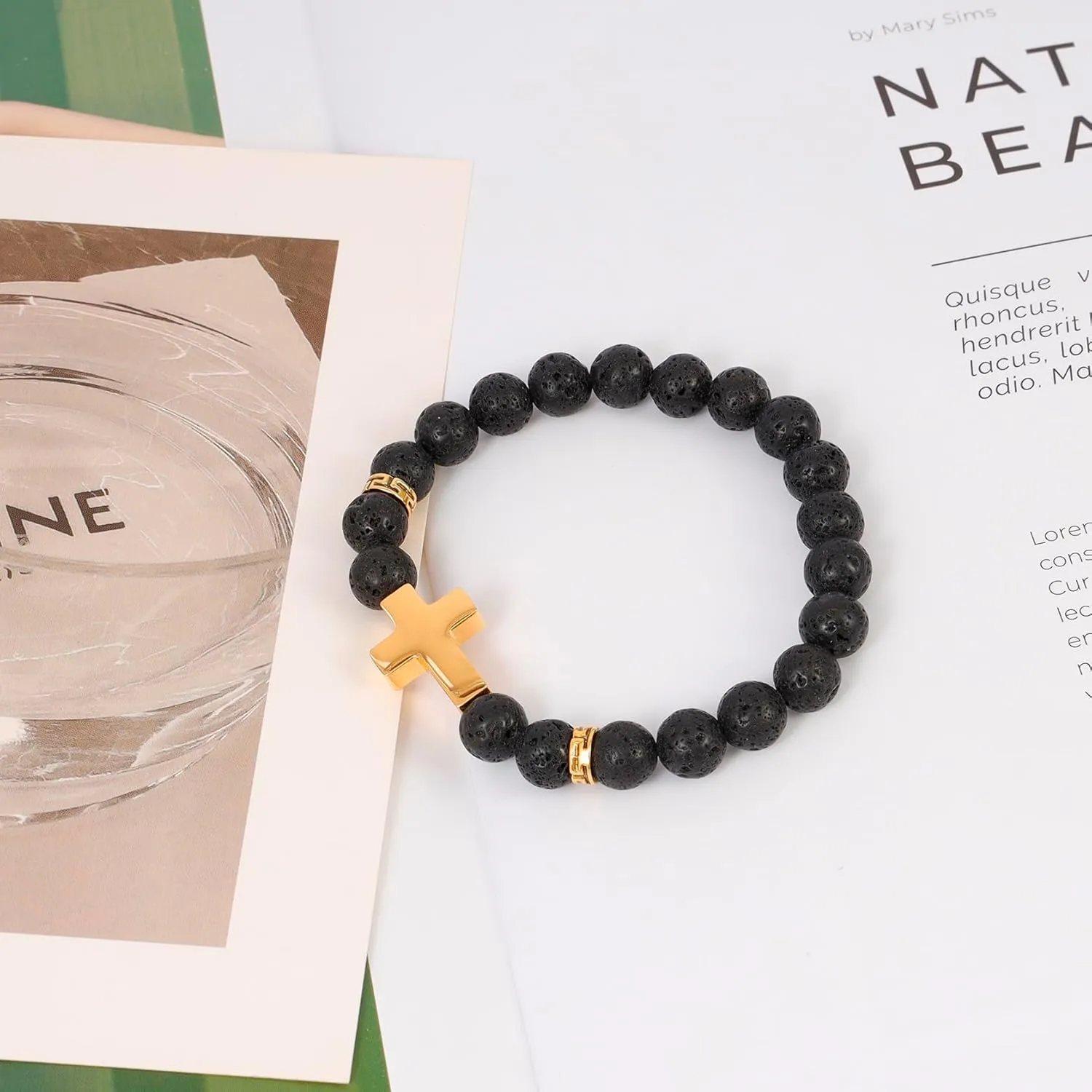 MILAKOO 8mm Natural Stone Lava Bracelet Diffuser Essential Oil Wristband with Stainless Steel Cross