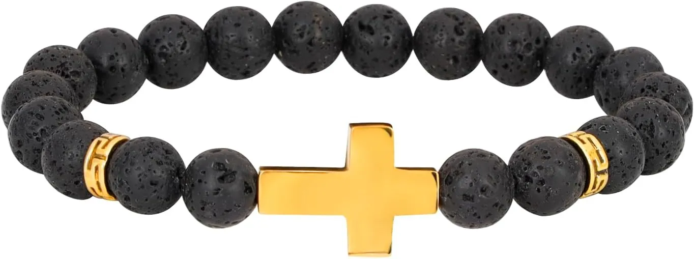 MILAKOO 8mm Natural Stone Lava Bracelet Diffuser Essential Oil Wristband with Stainless Steel Cross