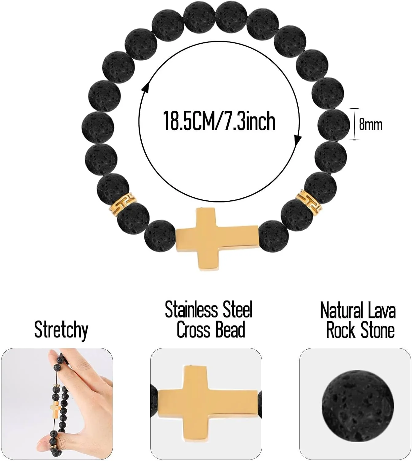 MILAKOO 8mm Natural Stone Lava Bracelet Diffuser Essential Oil Wristband with Stainless Steel Cross