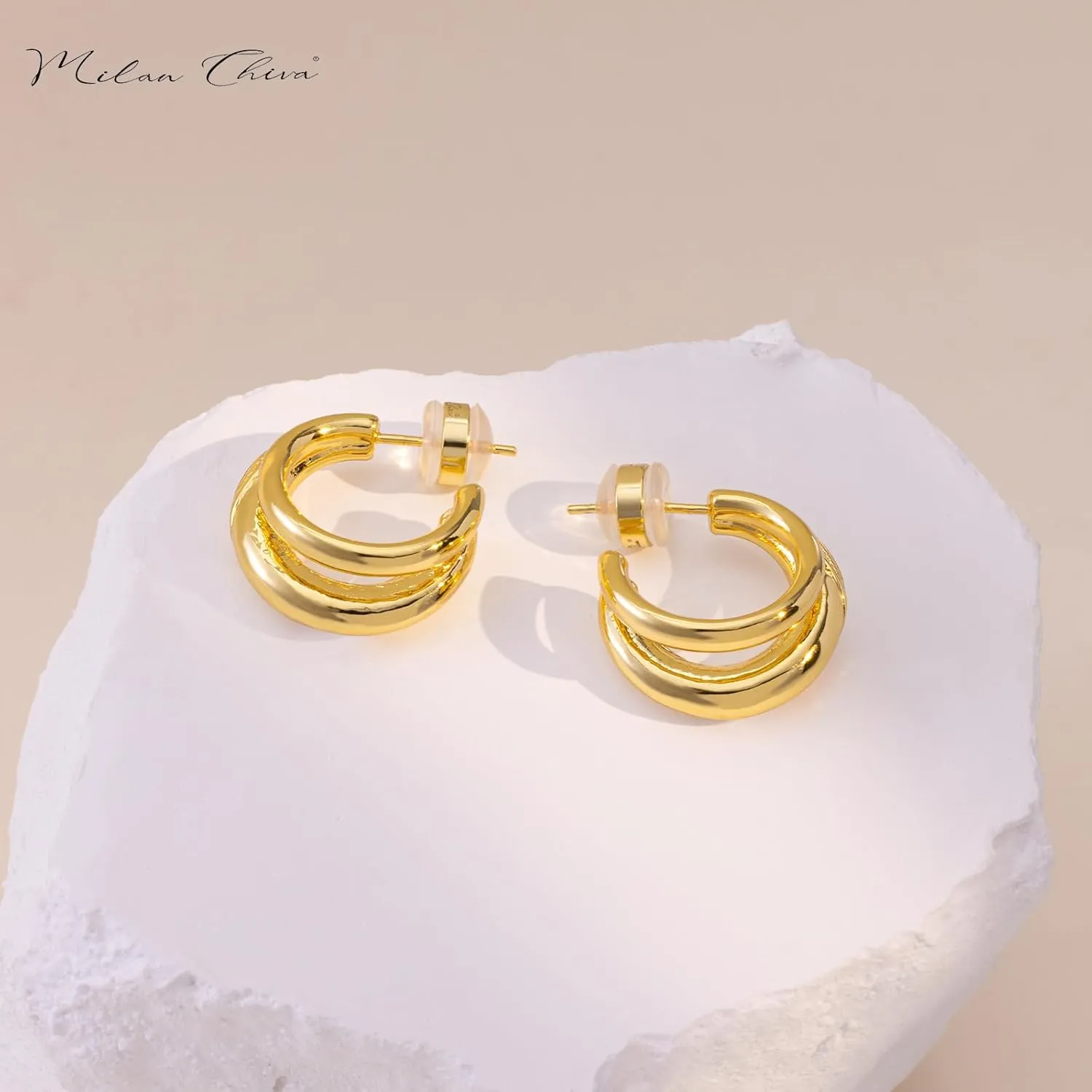 Milan Chiva 14K Gold Plated Post Twisted Huggie Hoops for Women Minimalist Open Earings Dome Jewelry
