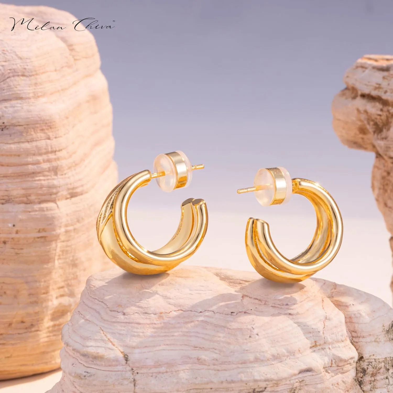 Milan Chiva 14K Gold Plated Post Twisted Huggie Hoops for Women Minimalist Open Earings Dome Jewelry