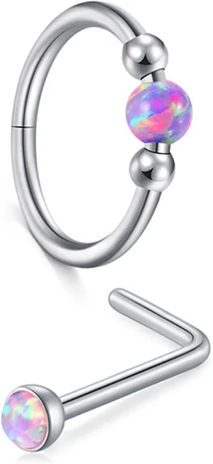 MODRSA 18g Nose Ring Opal Nose Ring Opal Nose Stud L Shaped Opal Nose Hoop Clicker Silver Gold Nose Rings for Women Cartilage Hoop Earring Cartilage Hoop Helix Hoop Earring White Daith Earring Hoop