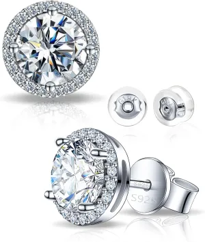 Moissanite Halo Earrings for Women & Men, 1.0-2.0ct, 925 Sterling Silver, 18K White Gold Plated, VVS1 Round Lab-Created Moissanite Stud, Hypoallergenic & Durable, Friction Back Post Earring