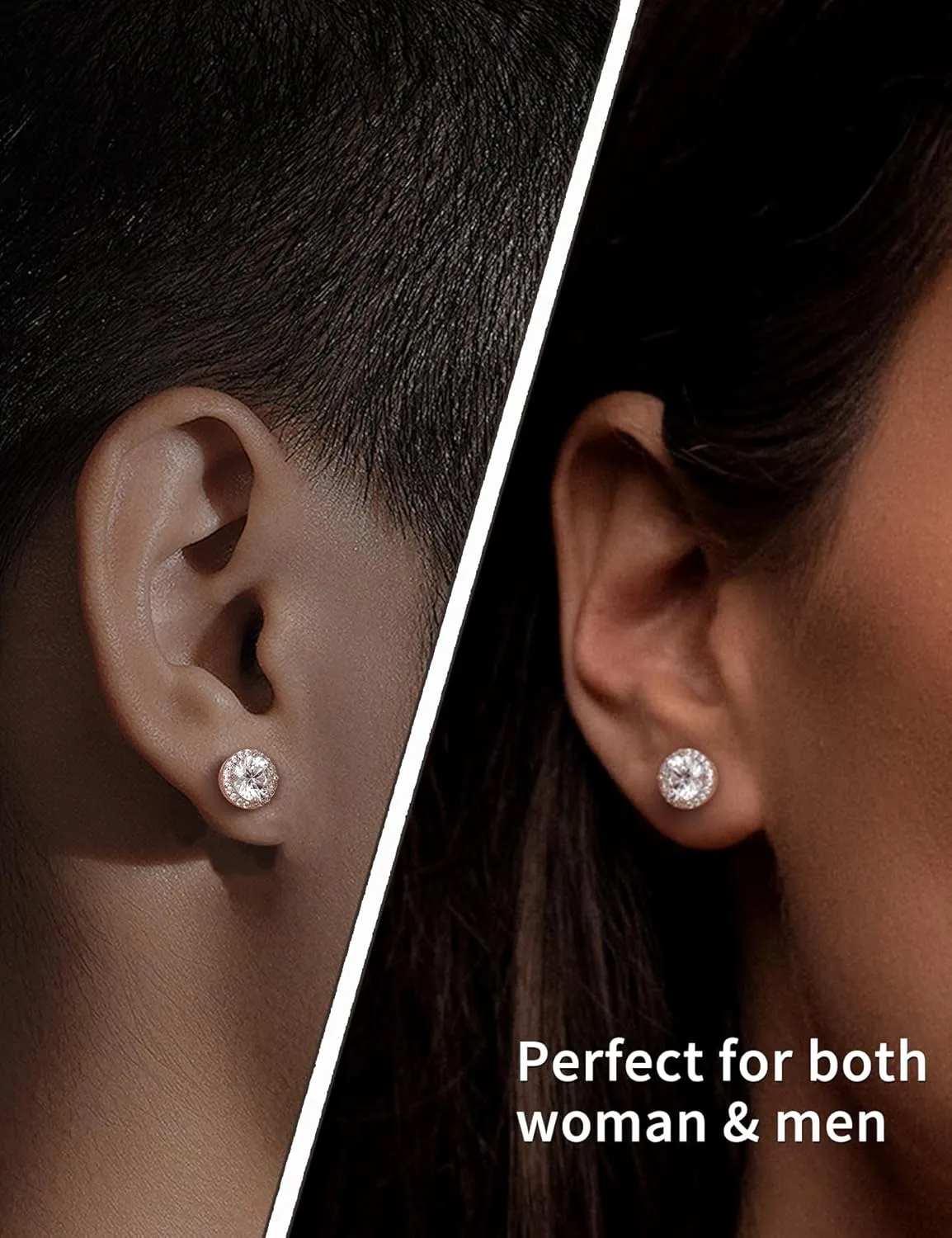 Moissanite Halo Earrings for Women & Men, 1.0-2.0ct, 925 Sterling Silver, 18K White Gold Plated, VVS1 Round Lab-Created Moissanite Stud, Hypoallergenic & Durable, Friction Back Post Earring