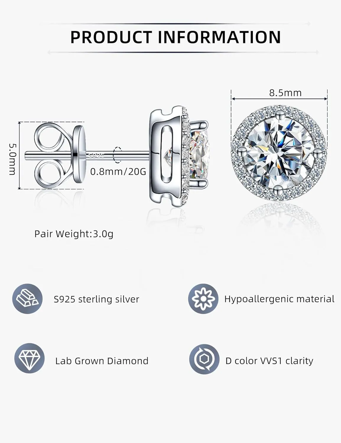 Moissanite Halo Earrings for Women & Men, 1.0-2.0ct, 925 Sterling Silver, 18K White Gold Plated, VVS1 Round Lab-Created Moissanite Stud, Hypoallergenic & Durable, Friction Back Post Earring