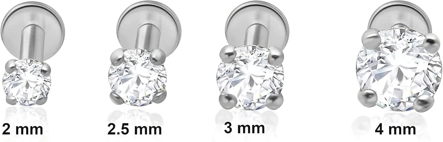 Natural Diamond Stud Earrings for Women & Men in 14K White Gold - Screw Back SINGLE Stud Earrings for Lobe, Helix, Tragus, Conch & Cartilage Piercing - Round Flatback Earrings for Sensitive Skin