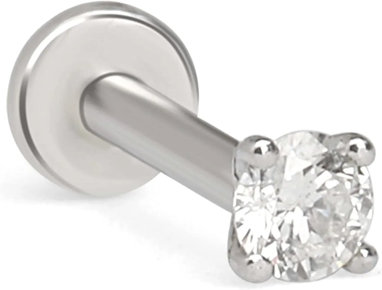 Natural Diamond Stud Earrings for Women & Men in 14K White Gold - Screw Back SINGLE Stud Earrings for Lobe, Helix, Tragus, Conch & Cartilage Piercing - Round Flatback Earrings for Sensitive Skin