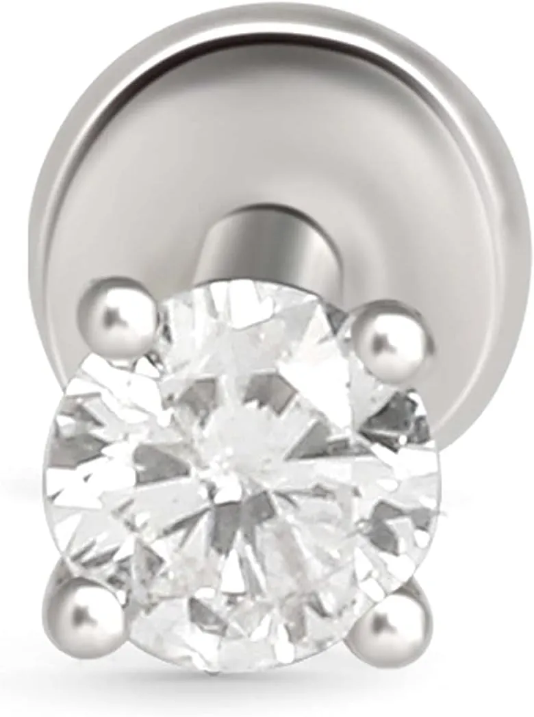 Natural Diamond Stud Earrings for Women & Men in 14K White Gold - Screw Back SINGLE Stud Earrings for Lobe, Helix, Tragus, Conch & Cartilage Piercing - Round Flatback Earrings for Sensitive Skin