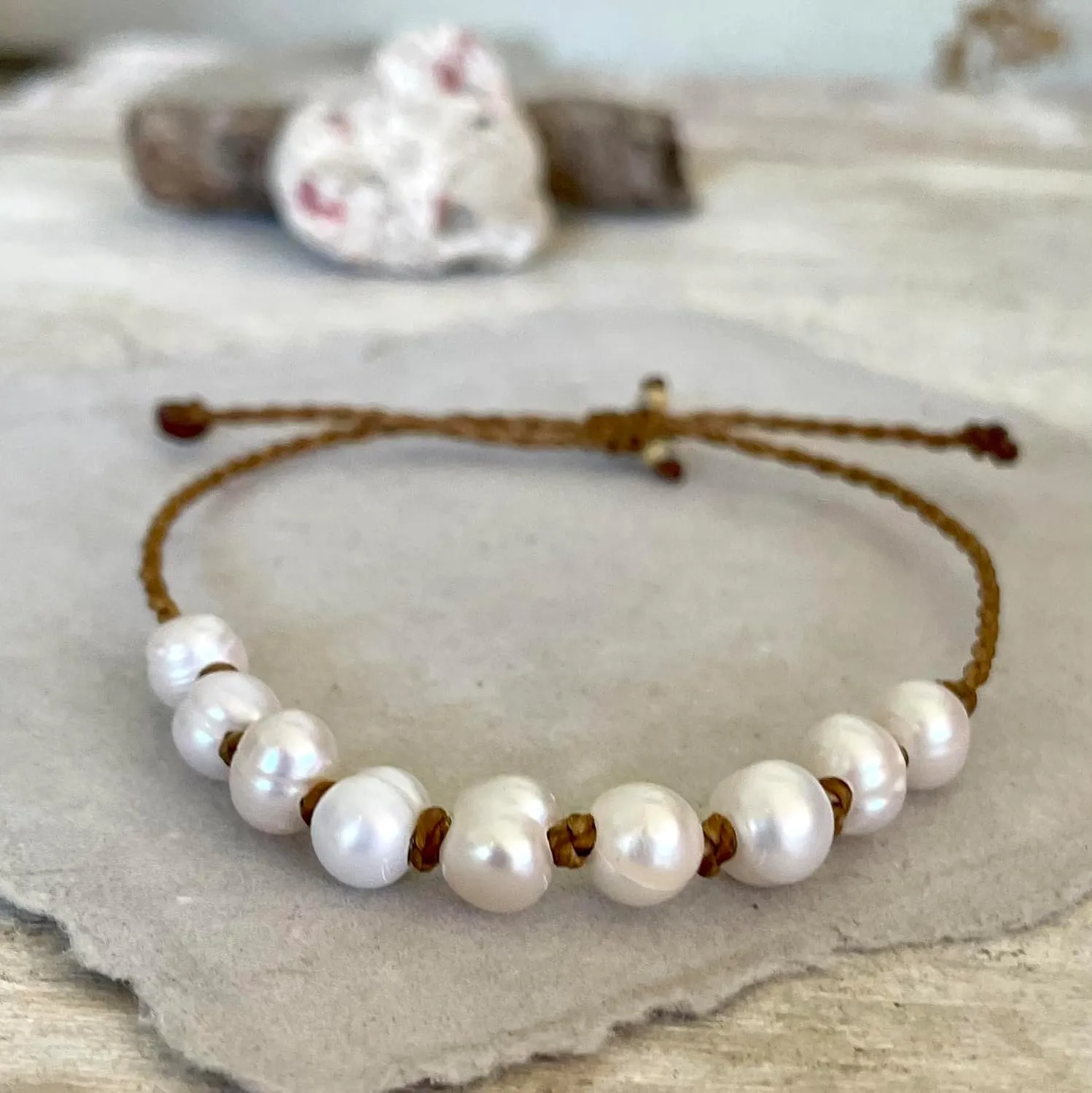 Natural Freshwater Pearl Anklet for Women, Casual Beach and Surfer Style on Hand Spun Rope Cord, Handmade by Beach Soul