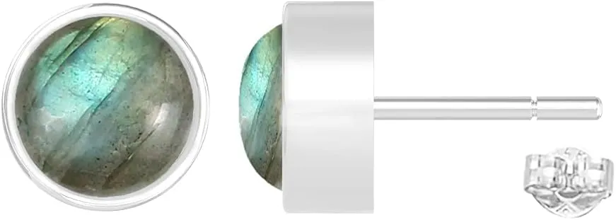 Natural Gemstone & Created Opal 925 Sterling Silver Stud Earrings for Women - Handmade Round Stone Birthstone Jewelry Push Back Earrings - Gift for Birthdays, Daily Wear or Special Occasions