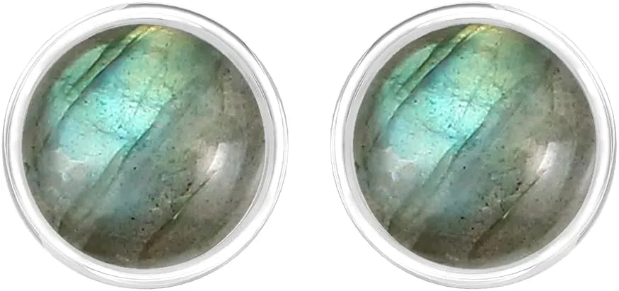 Natural Gemstone & Created Opal 925 Sterling Silver Stud Earrings for Women - Handmade Round Stone Birthstone Jewelry Push Back Earrings - Gift for Birthdays, Daily Wear or Special Occasions