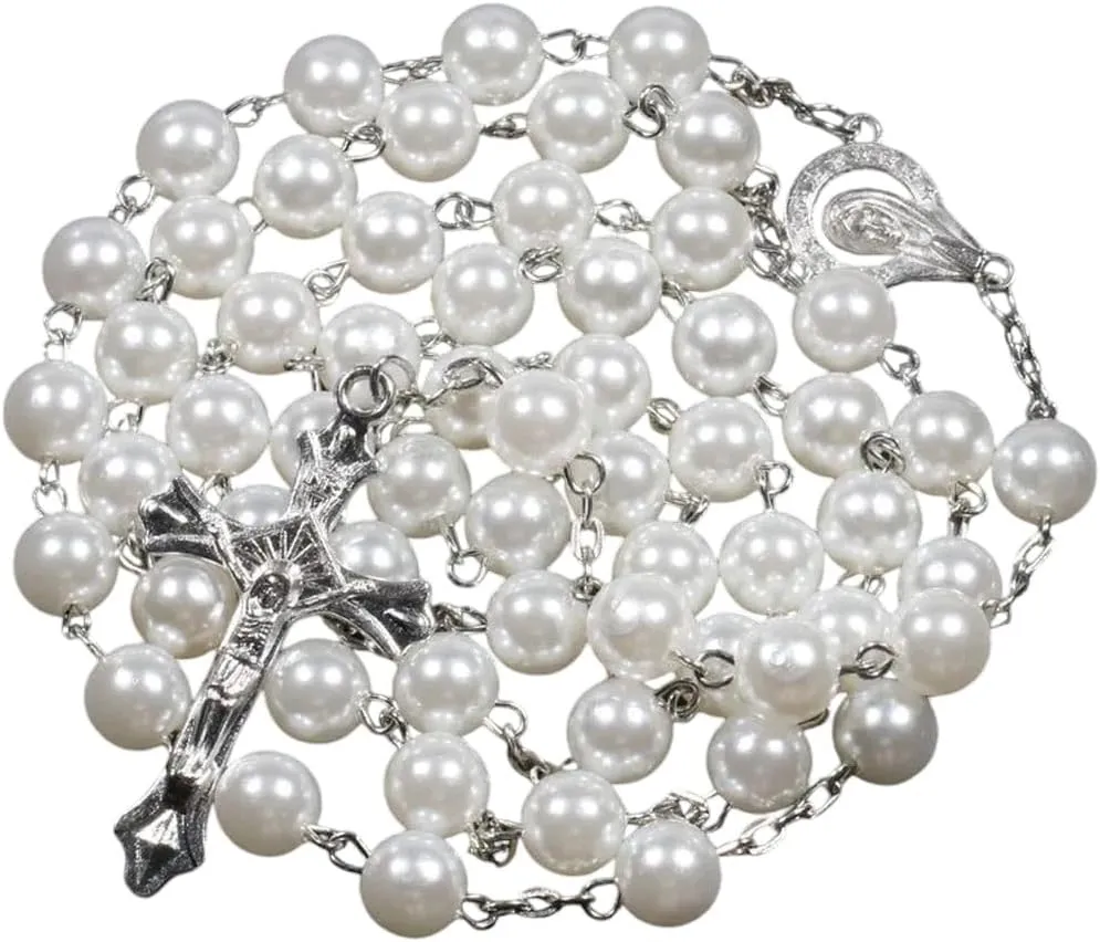 New 2025 Arrival Religion Christian Faux Pearl Rosary Necklace For Women Virgin Mary Jesus Cross Pendant Long Beads Chains Fashion With For You Accessories Trendy Creative Gift