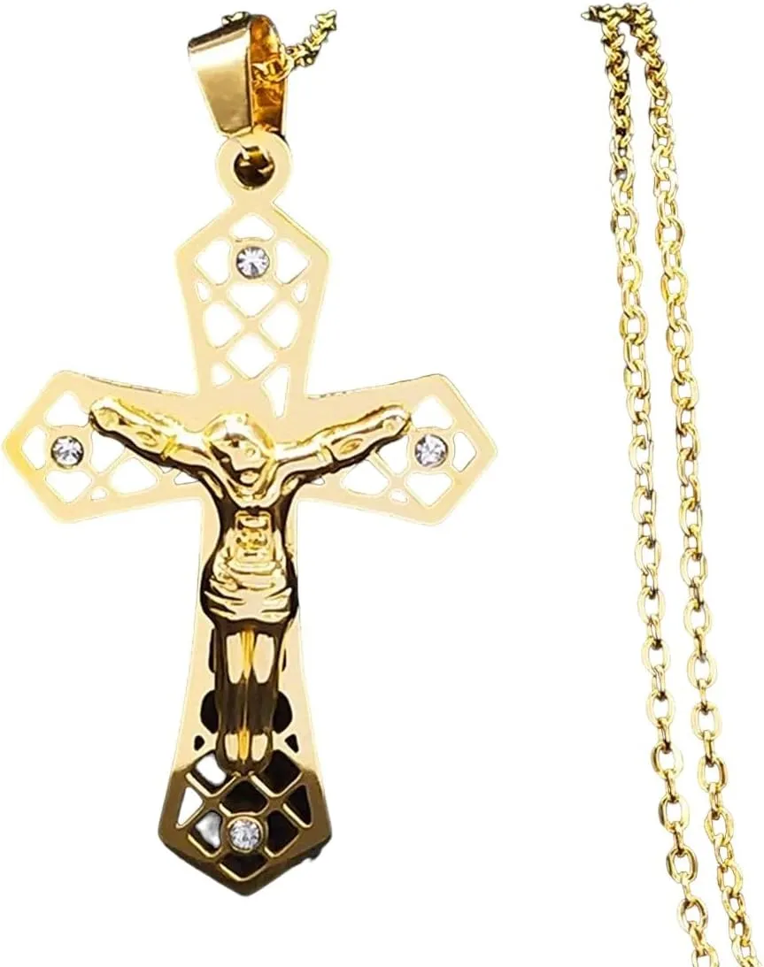 New 2025 Christian Jesus Cross Pendant Necklace For Women Men Stainless Steel Religion Jewelry Prayer Baptism Gift Colar Feminino Decoration Jewelry Commemorative Accessories Trendy Best For Gift