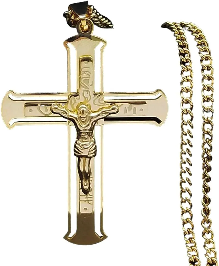 New 2025 Jesus Cross Hip Hop Rock Necklace Stainless Steel Gold Plated Necklace Jesus Pendant Male Female Religion Jewelry Gifts With For You Jewelry Fashion Accessories Creative Gift