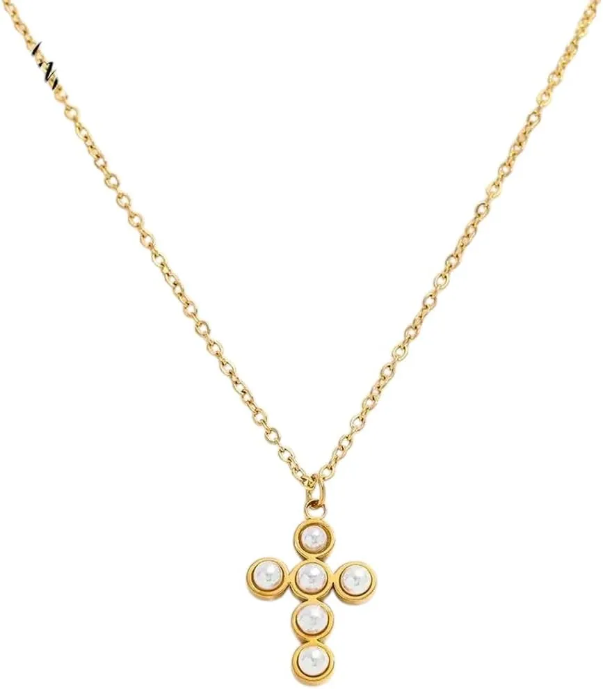 New 2026 Jewelry Waterproof Light Luxury French Imitation Pearl Cross Pendant Stainless Steel Necklace For Women Decoration With You Accessories Trendy Best Gift