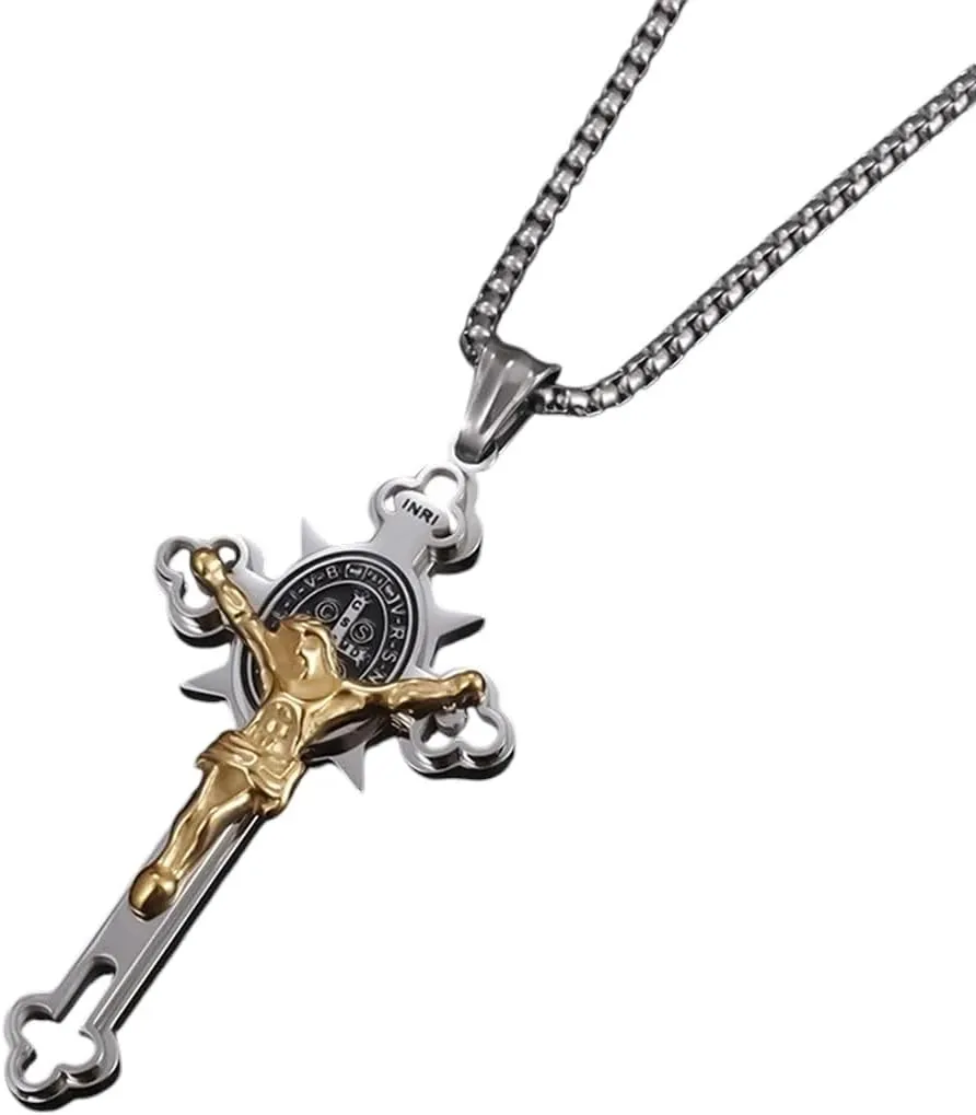 New For Arrival Stainless Steel Saint Benedict Jesus Cross Pendant Necklace Women Amulet Prayer Jewelry Religious Christian Gift With For You Accessories Creative Gift