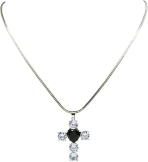 New For Trendy 2025 Black Love Heart Zircon Copper Cross Pendant Necklace For Women Silver Color Jesus Christian Stainless Steel Choker Jewelry Fashion Accessories Creative Gift