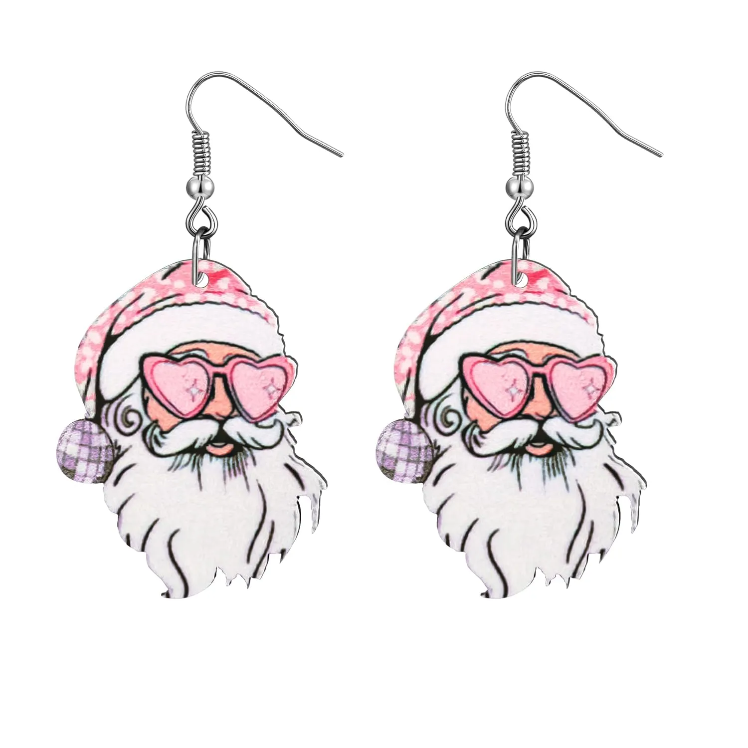 New Years Eve Earrings Pink Christmas Earrings for Women Wooden Santa Earrings for Teens Lightweight Pink Santa Dangle Earrings Girls New Years Eve Jewelry as New Years Eve Outfits Women