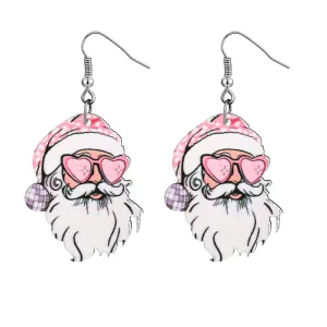 New Years Eve Earrings Pink Christmas Earrings for Women Wooden Santa Earrings for Teens Lightweight Pink Santa Dangle Earrings Girls New Years Eve Jewelry as New Years Eve Outfits Women