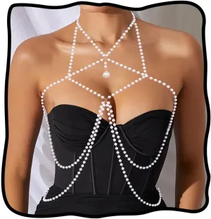 Nicute Pearl Body Jewelry Layered Necklace Body Chain Sparkly Summer Beach Bikini Bra Accessories for Women
