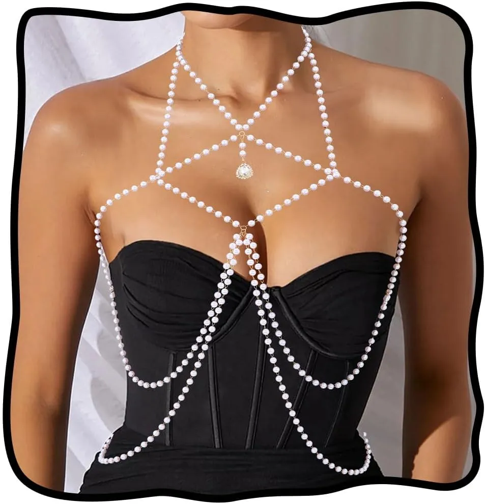 Nicute Pearl Body Jewelry Layered Necklace Body Chain Sparkly Summer Beach Bikini Bra Accessories for Women