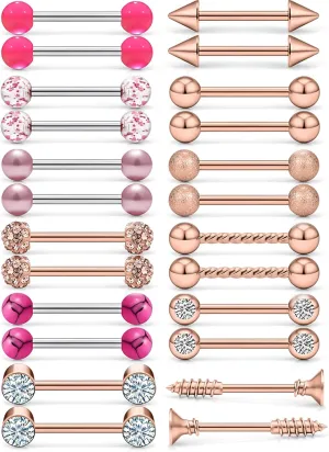 Nipple Rings - 14G Surgical Steel Screw Dangle & Shield Barbell Set - 5/8 Inch, 16mm, 12 Pairs