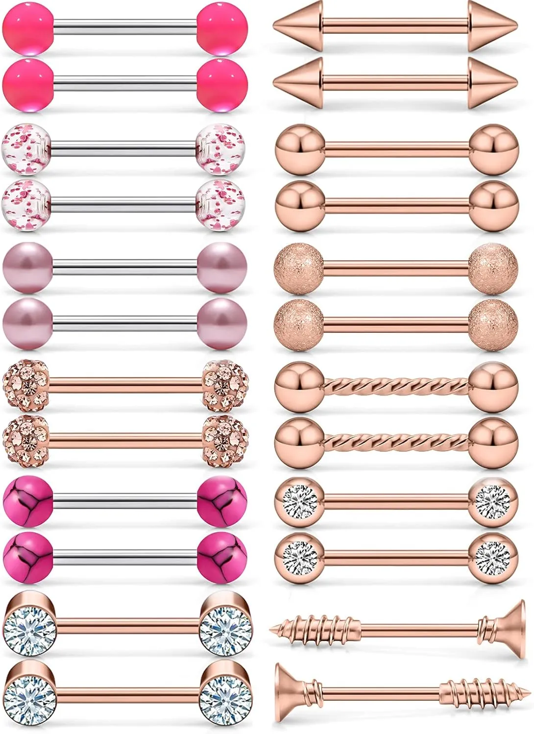 Nipple Rings - 14G Surgical Steel Screw Dangle & Shield Barbell Set - 5/8 Inch, 16mm, 12 Pairs