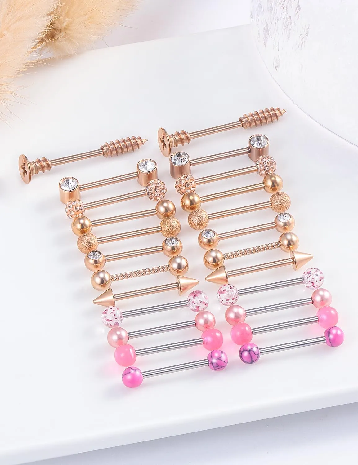 Nipple Rings - 14G Surgical Steel Screw Dangle & Shield Barbell Set - 5/8 Inch, 16mm, 12 Pairs