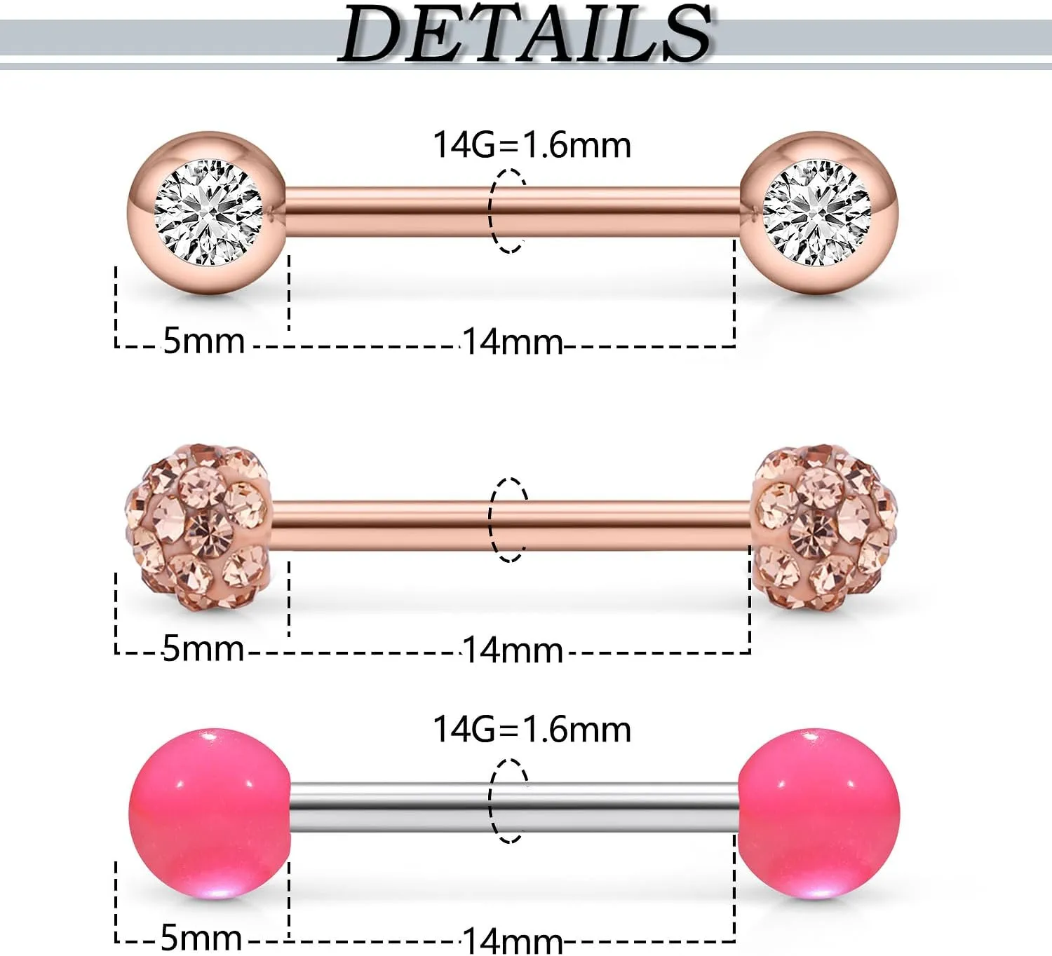 Nipple Rings - 14G Surgical Steel Screw Dangle & Shield Barbell Set - 5/8 Inch, 16mm, 12 Pairs