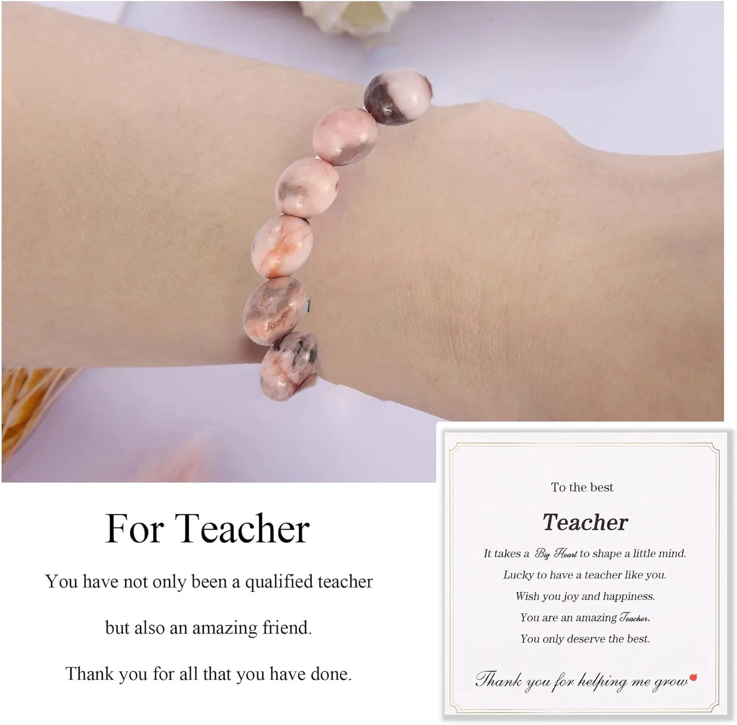 NIQIPOK Teacher Bracelet Gifts with Gift Message Card Teacher Appreciation Gifts from Student, Natural Stone Teachers Apple Bracelets