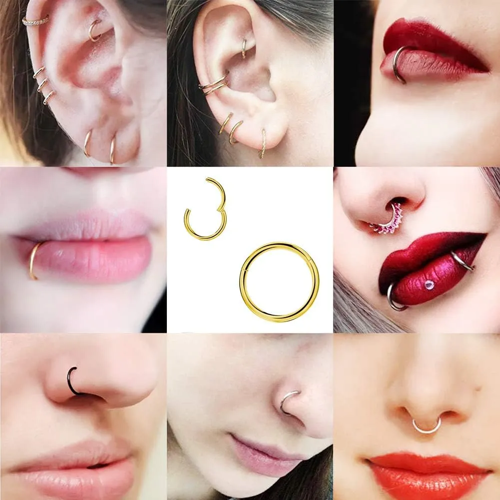 Nose Ring Septum Hoop 20G/18G/16G/14G/12G 316L Surgical Stainless Steel Hinged Seamless Earrings, Diameter 5MM-16MM, Gold/Silver/Black/Rose Gold/Rainbow Color
