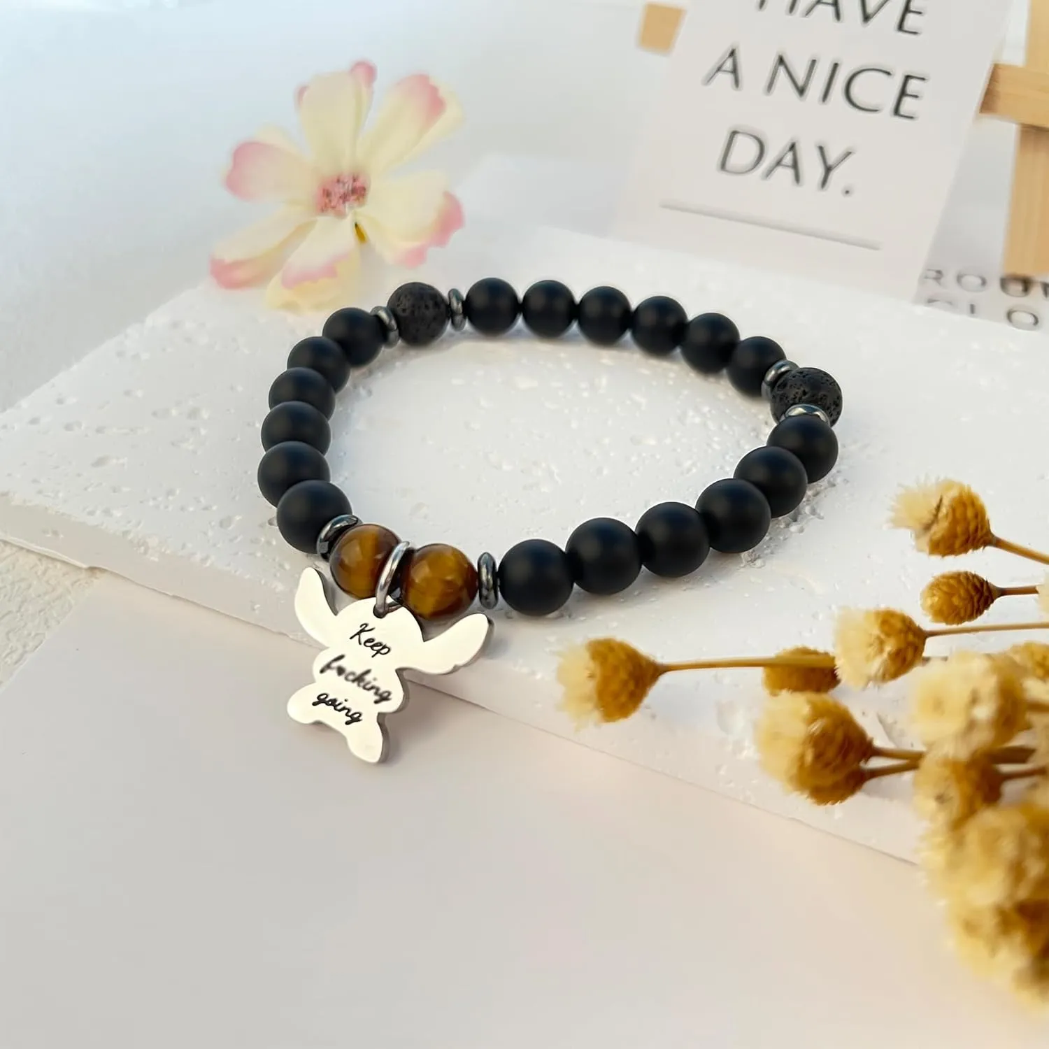 Ohana Means Family Bracelet Natural Stone Beaded Amethyst Bracelets for Womens Inspirational Jewelry Stitch Stuff Gifts for Lover Daughter Mom Niece