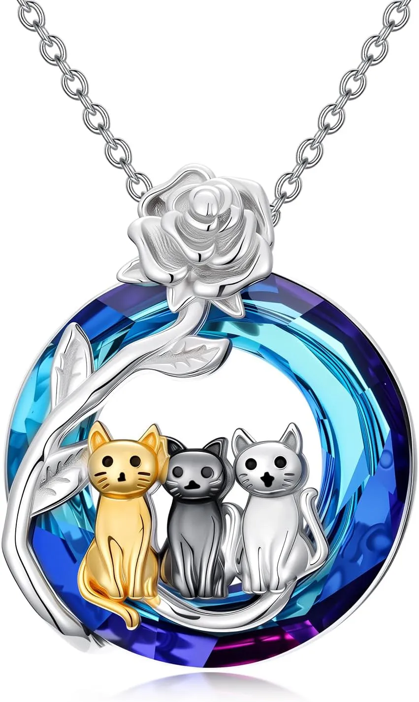 OJK Cat Gifts for Women S925 Sterling Silver 1-3 Cats Necklace Crysal Pendant, Anniversary Birthday Gifts for Mom Wife Her Girlfriend