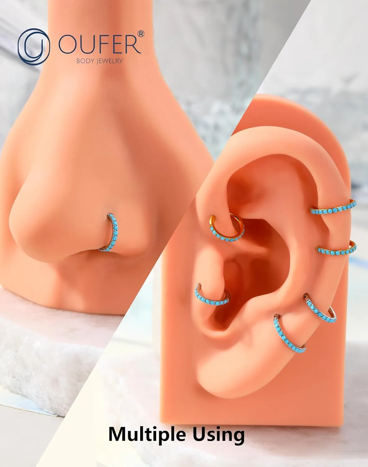 OUFER Turquoise Nose Rings Hoop for Women Men, 316L Surgical Steel 20G Nose Piercing Jewelry, Hinged Segment Septum Lip Rings Cartilage Conch Rook Helix Tragus Daith Earrings-6MM