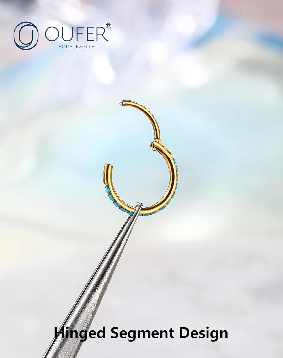 OUFER Turquoise Nose Rings Hoop for Women Men, 316L Surgical Steel 20G Nose Piercing Jewelry, Hinged Segment Septum Lip Rings Cartilage Conch Rook Helix Tragus Daith Earrings-6MM