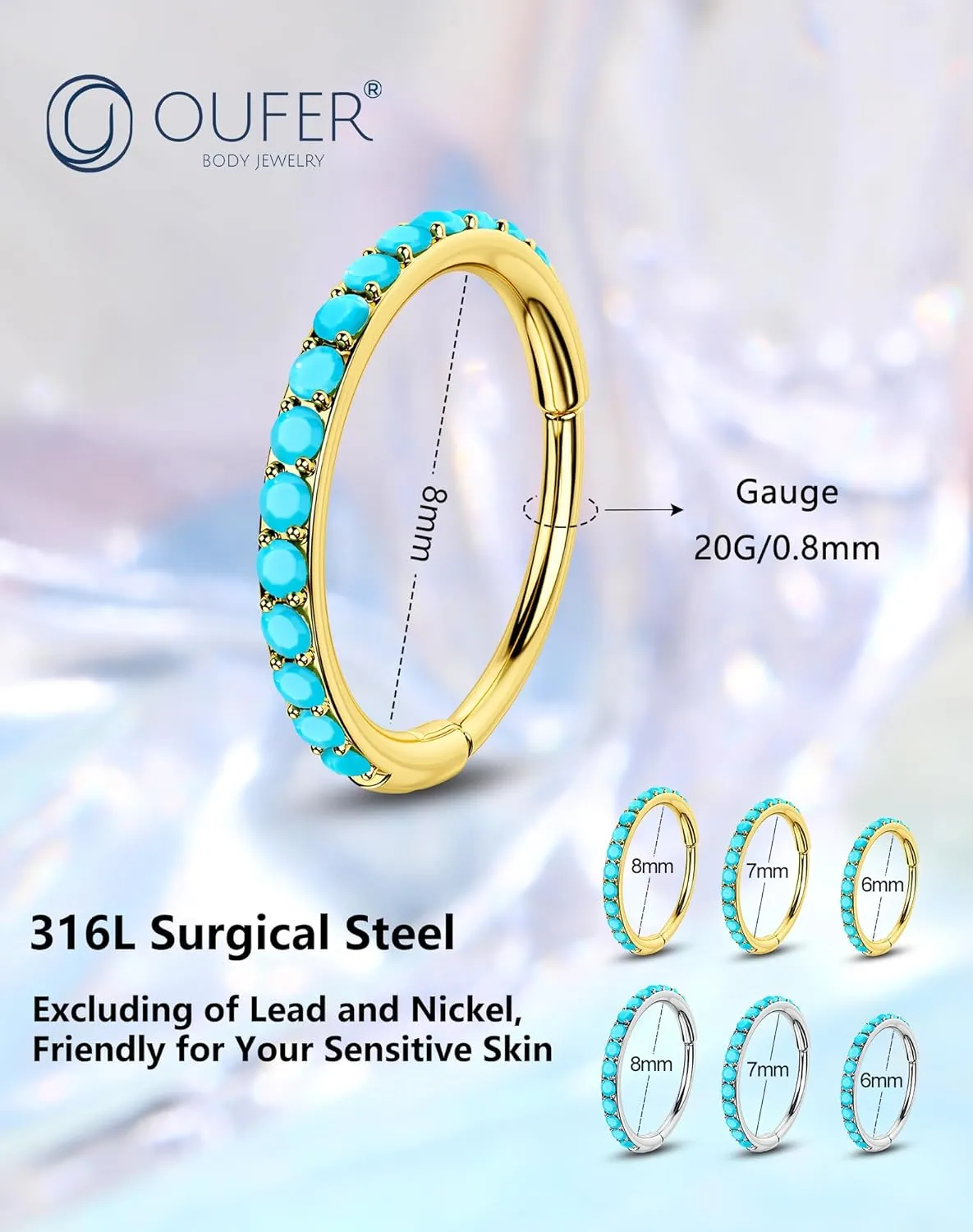 OUFER Turquoise Nose Rings Hoop for Women Men, 316L Surgical Steel 20G Nose Piercing Jewelry, Hinged Segment Septum Lip Rings Cartilage Conch Rook Helix Tragus Daith Earrings-6MM
