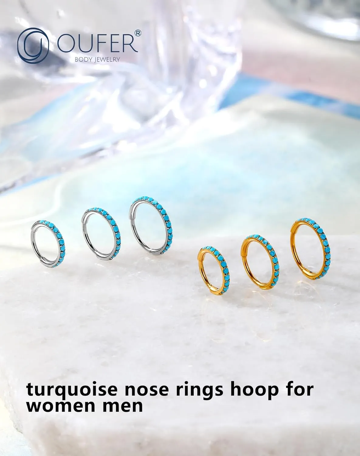 OUFER Turquoise Nose Rings Hoop for Women Men, 316L Surgical Steel 20G Nose Piercing Jewelry, Hinged Segment Septum Lip Rings Cartilage Conch Rook Helix Tragus Daith Earrings-6MM