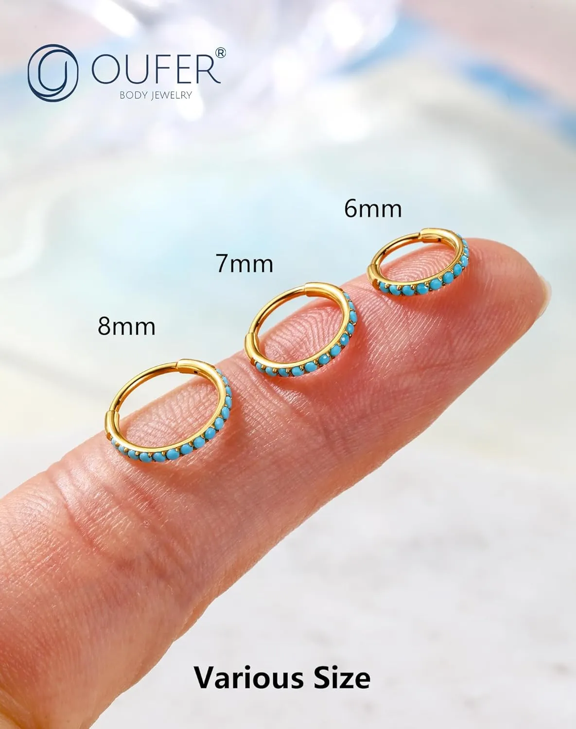 OUFER Turquoise Nose Rings Hoop for Women Men, 316L Surgical Steel 20G Nose Piercing Jewelry, Hinged Segment Septum Lip Rings Cartilage Conch Rook Helix Tragus Daith Earrings-6MM