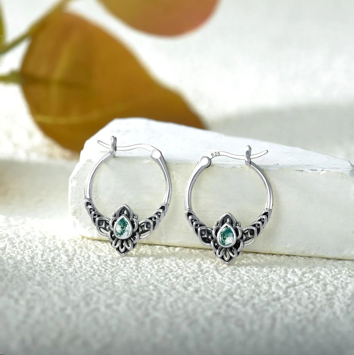 Owl/Hummingbird/Butterfly/Animal Moss Agate Hoop Earrings 925 Sterling Silver Vintage Moss Agate Hoop Earrings for Birthday Women Gifts