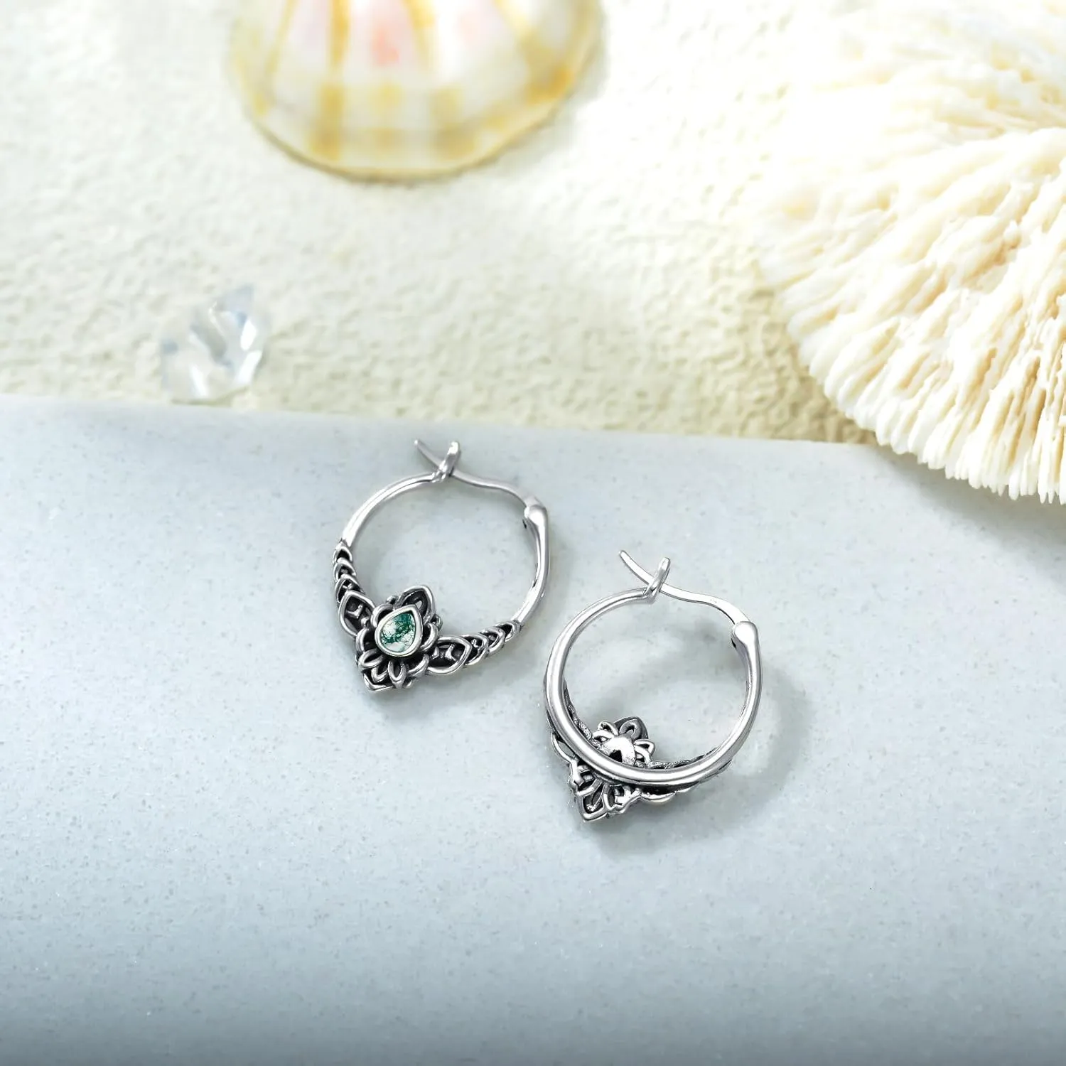 Owl/Hummingbird/Butterfly/Animal Moss Agate Hoop Earrings 925 Sterling Silver Vintage Moss Agate Hoop Earrings for Birthday Women Gifts