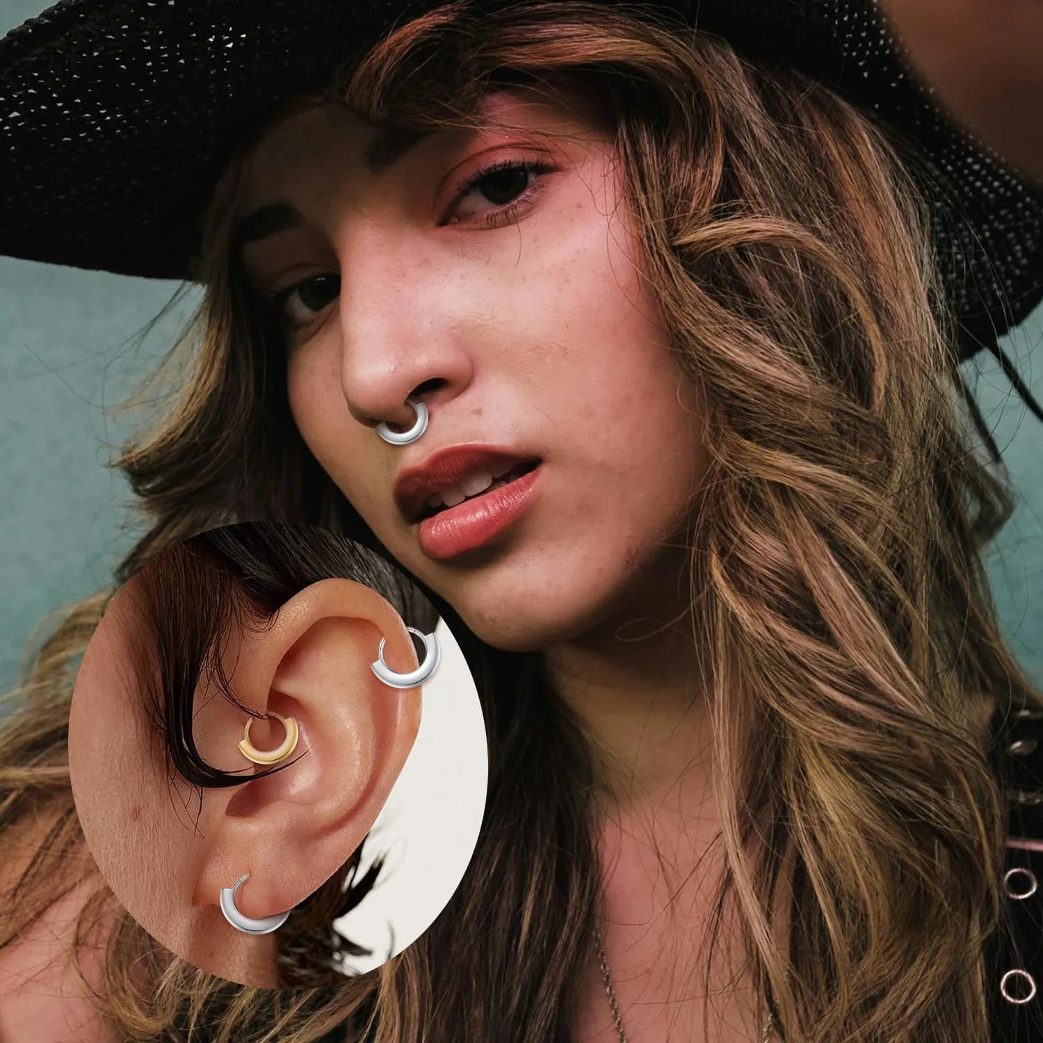 PEAKLINK 316L Surgical Steel Septum Clicker Ring Nose Hoop 16G Tragus Rook Daith Piercing Jewelry Cartilage Helix Conch Hoop Earring for Women